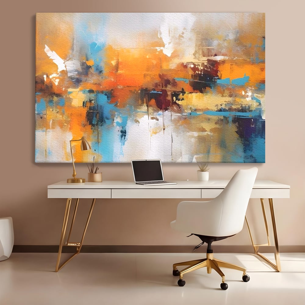 Tablou canvas cu tablou canvas abstract orizontal, fara rama, pe sasiu de lemn, pe perete intr-un birou